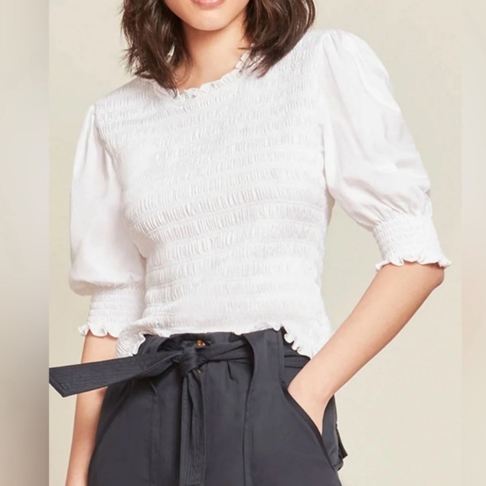 Veronica Beard Jean Women's Langston Top, White, Large smocked tee plisse